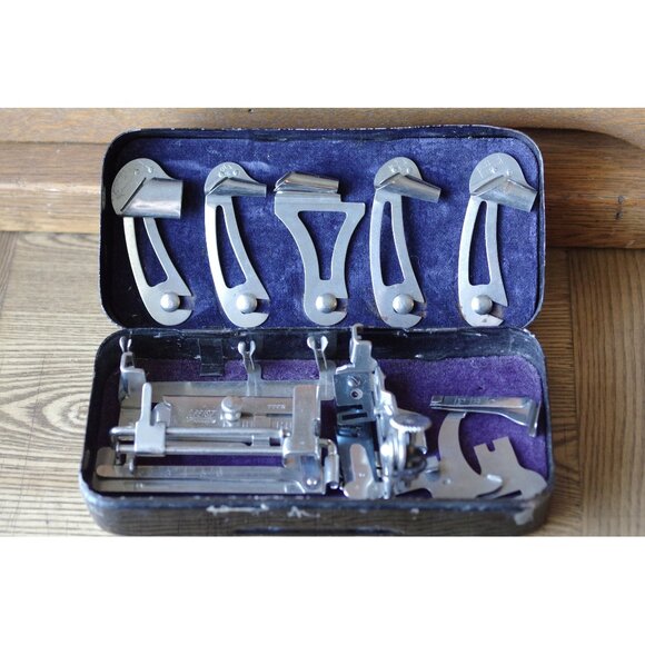 Vintage Greist Sewing Machine Attachments in Original Black Metal Box, Parts - Picture 1 of 5